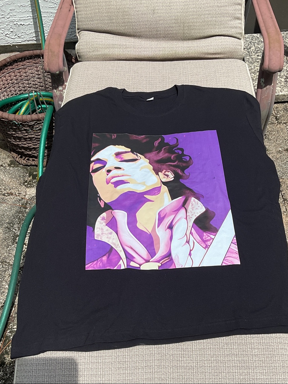 Black Short-Sleeve Graphic Tee with Purple Portrait Print